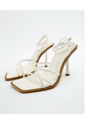 Zara Cream Strappy Tie-Ankle Heeled Sandals